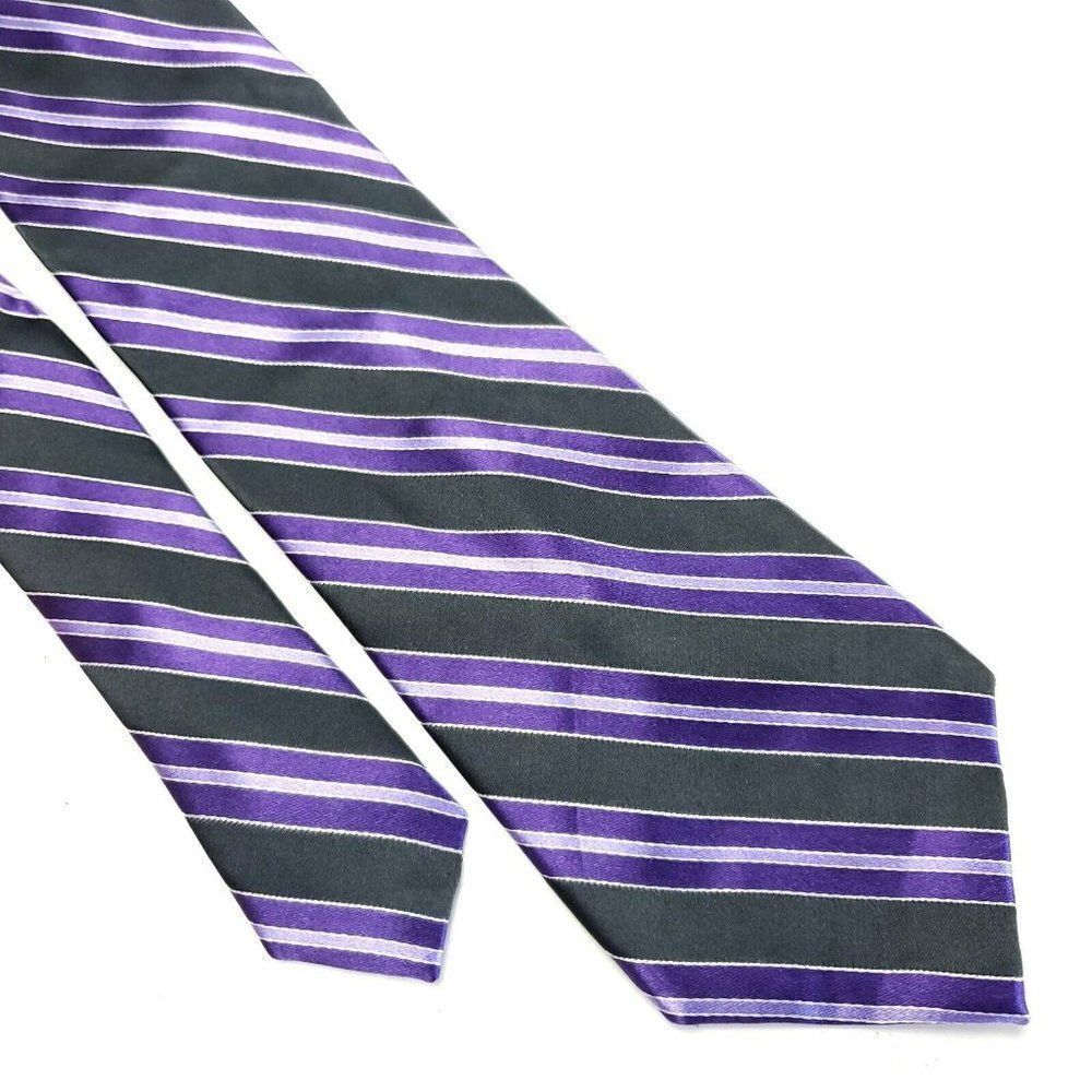 Perry Ellis Portfolio Gray Purple Striped Woven Skinny Silk Tie